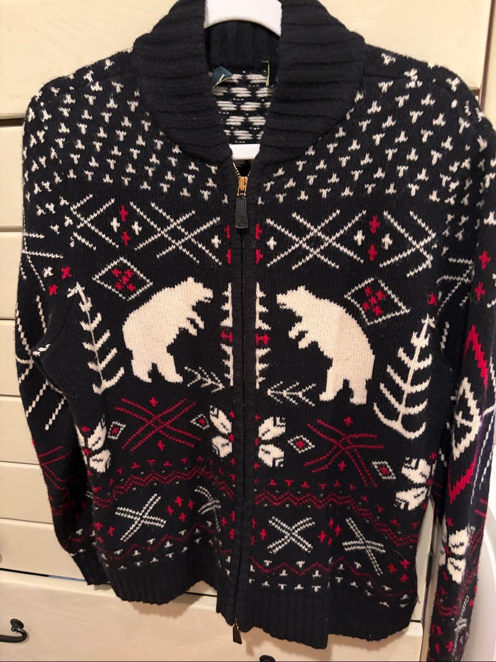 Vintage Ralph Lauren Polar Bear Black, Cream & Red Fair Isle Double Zip Cardigan